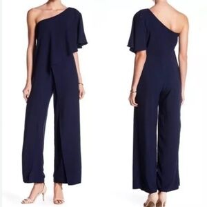 Marina Blue One Shoulder Flyaway Wide Leg Jumpsuit
